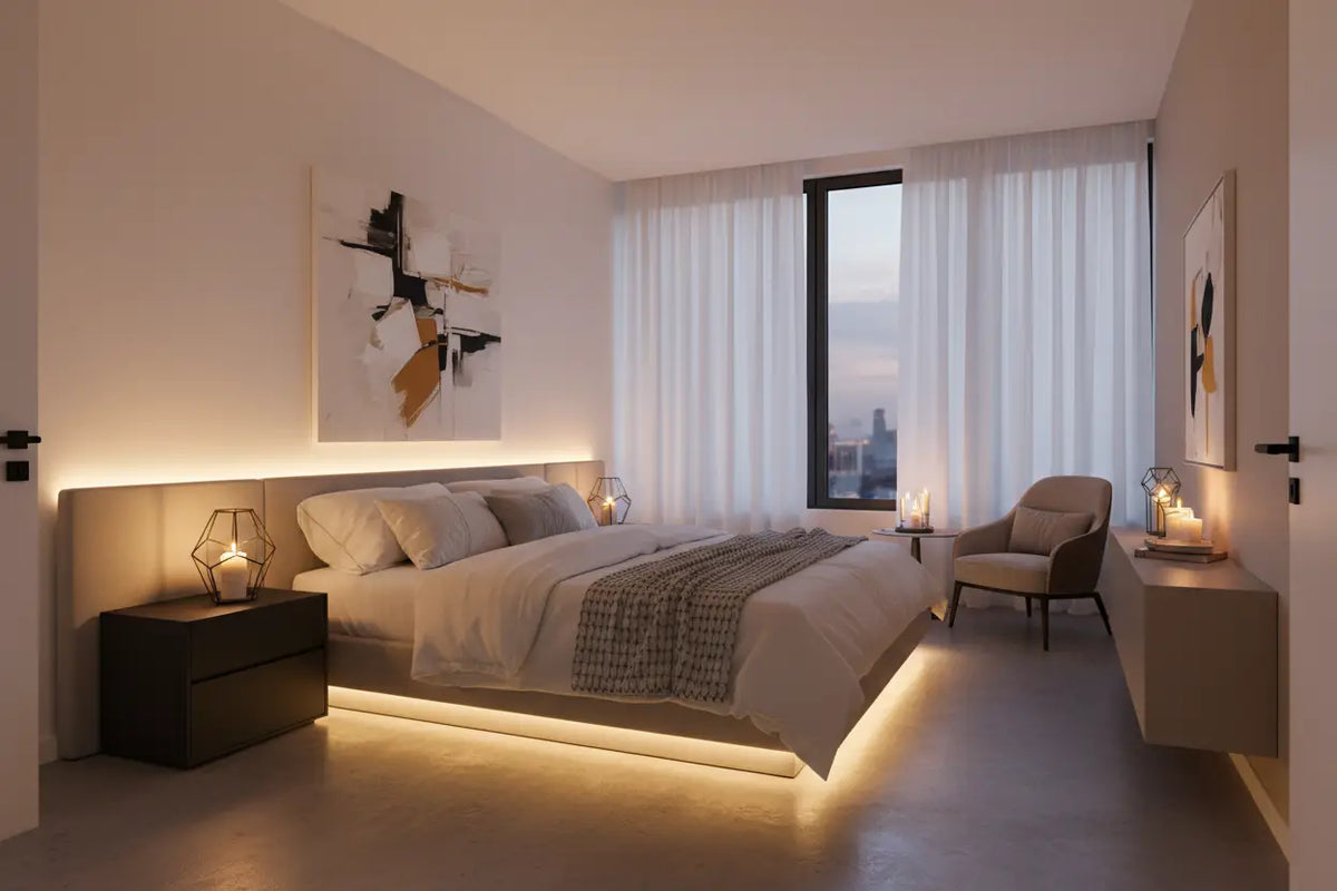 Romantic bedroom ambiance with candles, soft lighting, and rose petals for Valentine's Night
