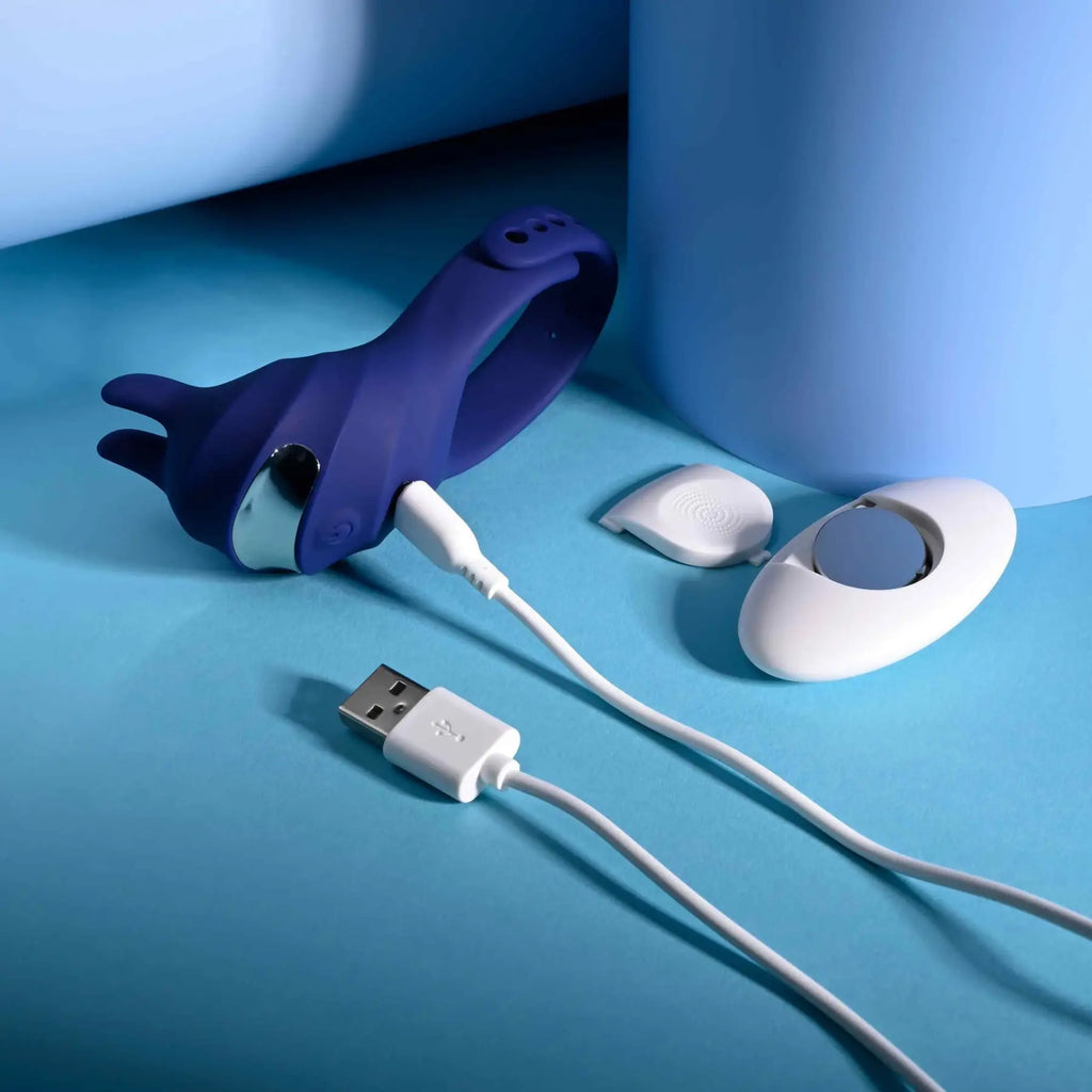 Adjustable Fun Ring Rechargeable Vibrating C-Ring with Remote - Blue