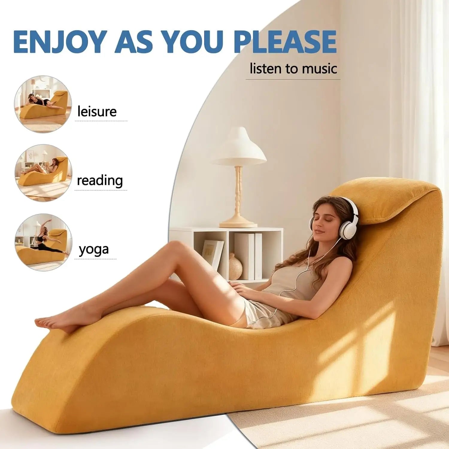 After Dark USA ChenilleCurve Intimacy Chaise Lounge – Chenille Fabric Ergonomic Headrest No Assembly Yellow