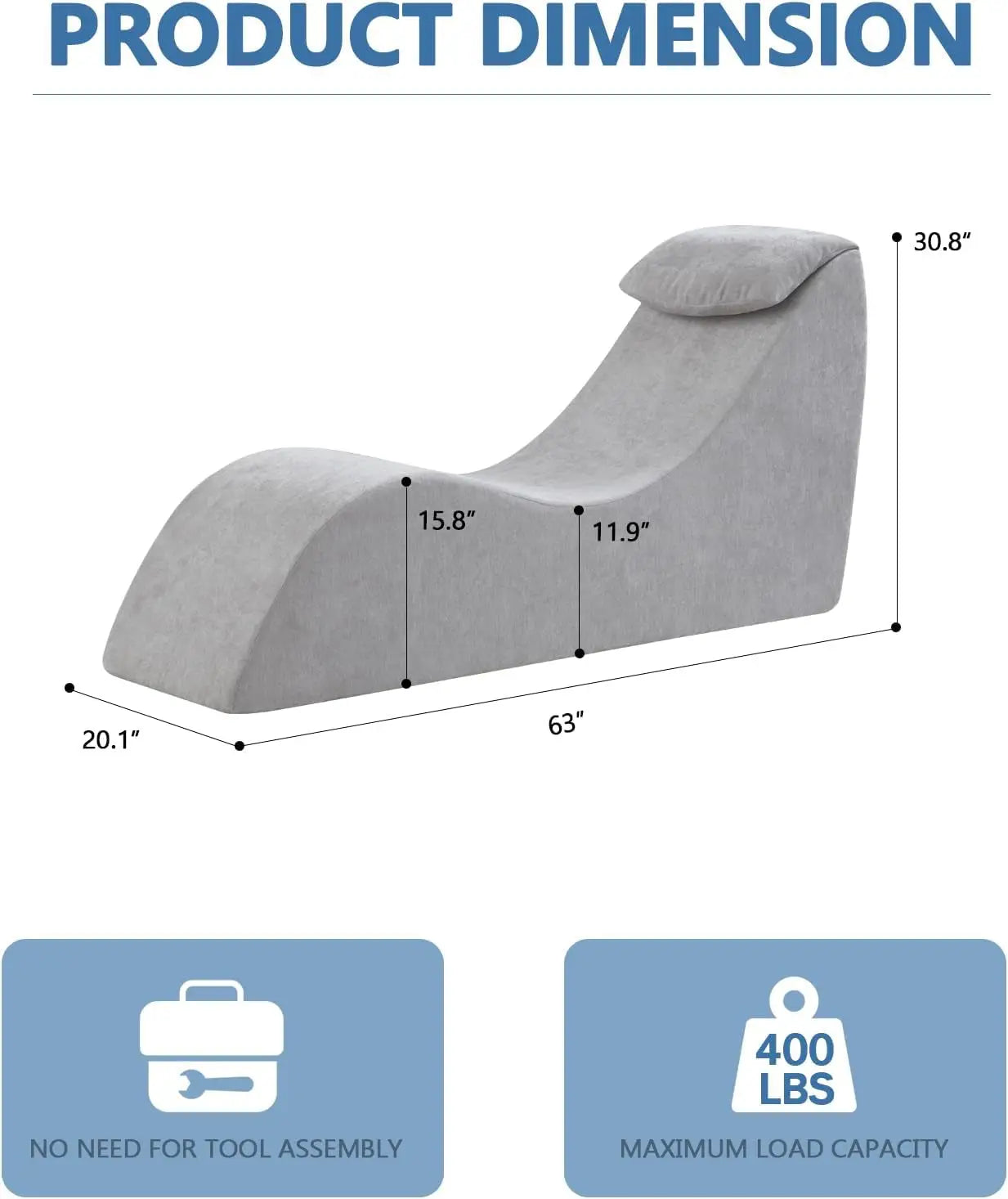 Gray wedge-shaped product with dimensions and assembly information on a white background