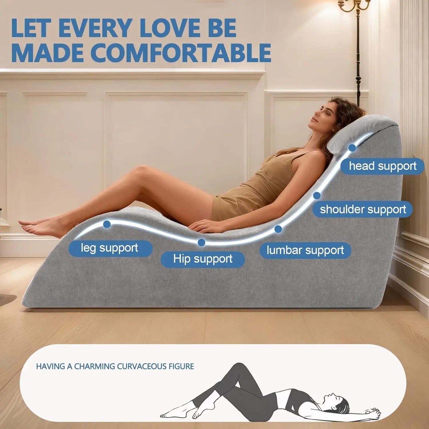 After Dark USA SilverLuxe Intimacy Chaise Lounge – Chenille Fabric Ergonomic Headrest No Assembly Grey