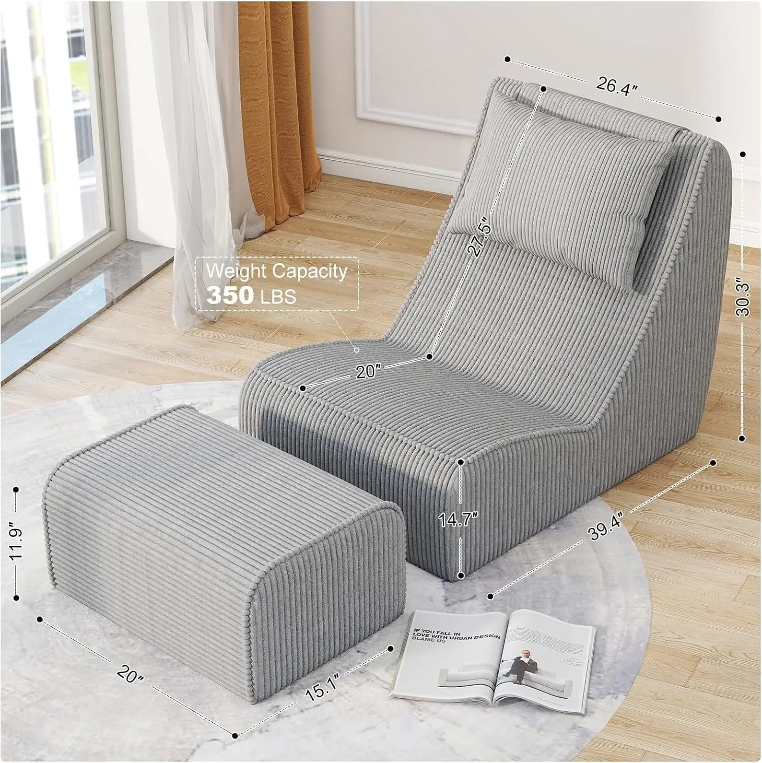 Gray lounge chair with ottoman and measurements in a room setting