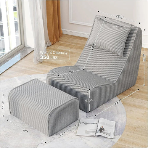 Gray lounge chair with ottoman and measurements in a room setting