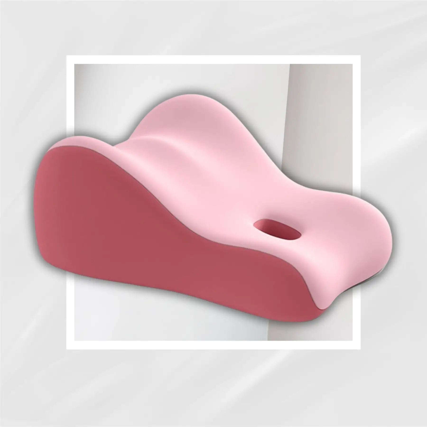 Pink and red seat cushion on a light gray background