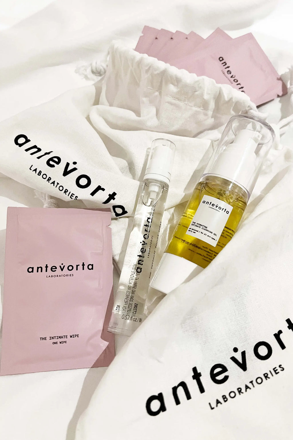 Antevorta Laboratories skincare products including bottles and packets on a white background