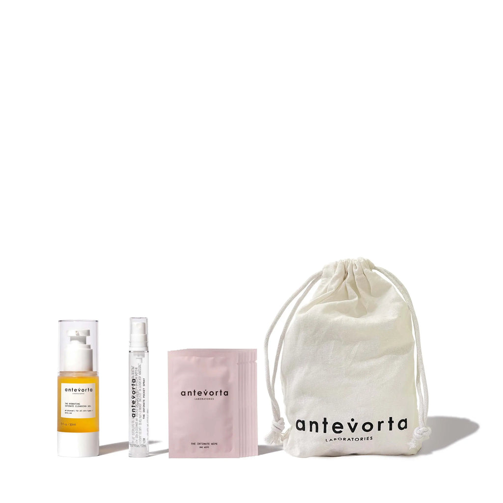 Antevorta skincare products including a bottle, a pouch, and a spray bottle on a white background.