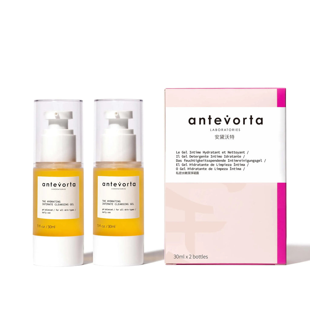 Two antevorta skincare bottles with a box on a white background