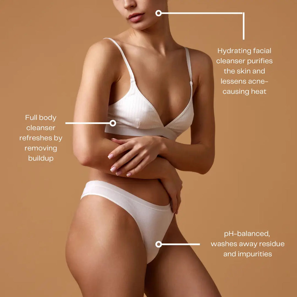 Woman in white lingerie with text on a brown background about skin care products.
