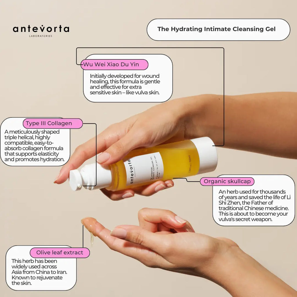 Antevorta hydrating intimate cleansing gel with product application on a beige background