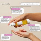 Antevorta hydrating intimate cleansing gel with product application on a beige background
