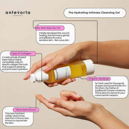 Antevorta hydrating intimate cleansing gel with product application on a beige background