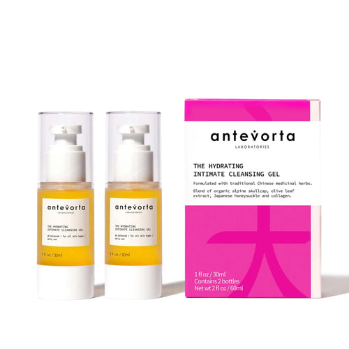 Two bottles of antevorta cleansing gel with a pink box on a white background