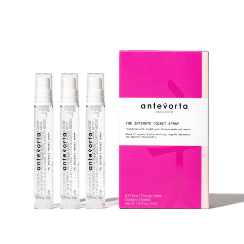 Three antevorta intimate pocket spray bottles with a pink packaging box on a white background