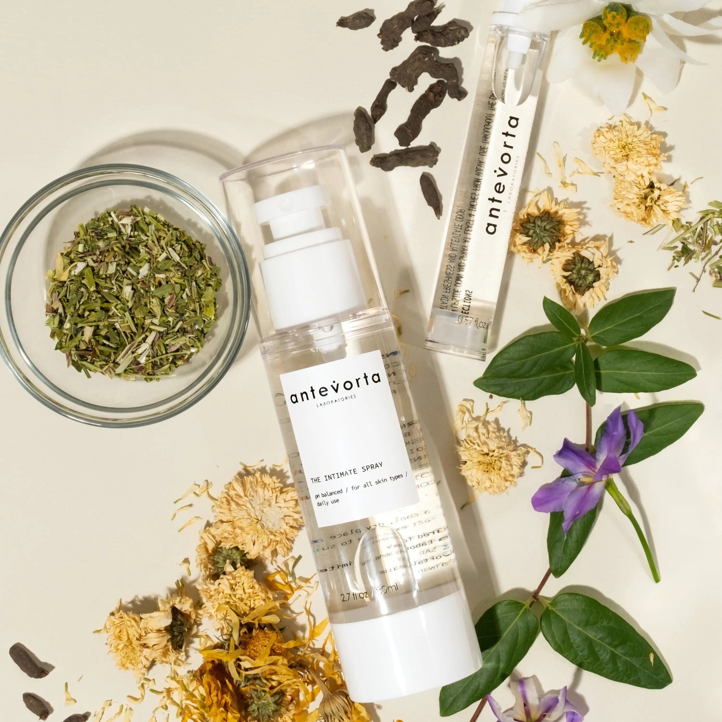 Skincare products with natural elements on a light background