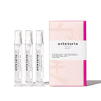 Three antevorta skincare bottles with a pink packaging box on a white background