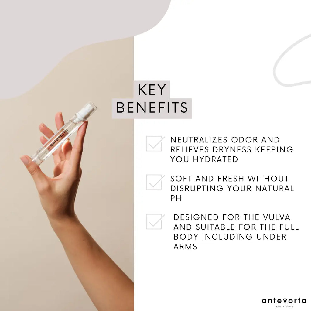 Hand holding a bottle with key benefits listed on a plain background