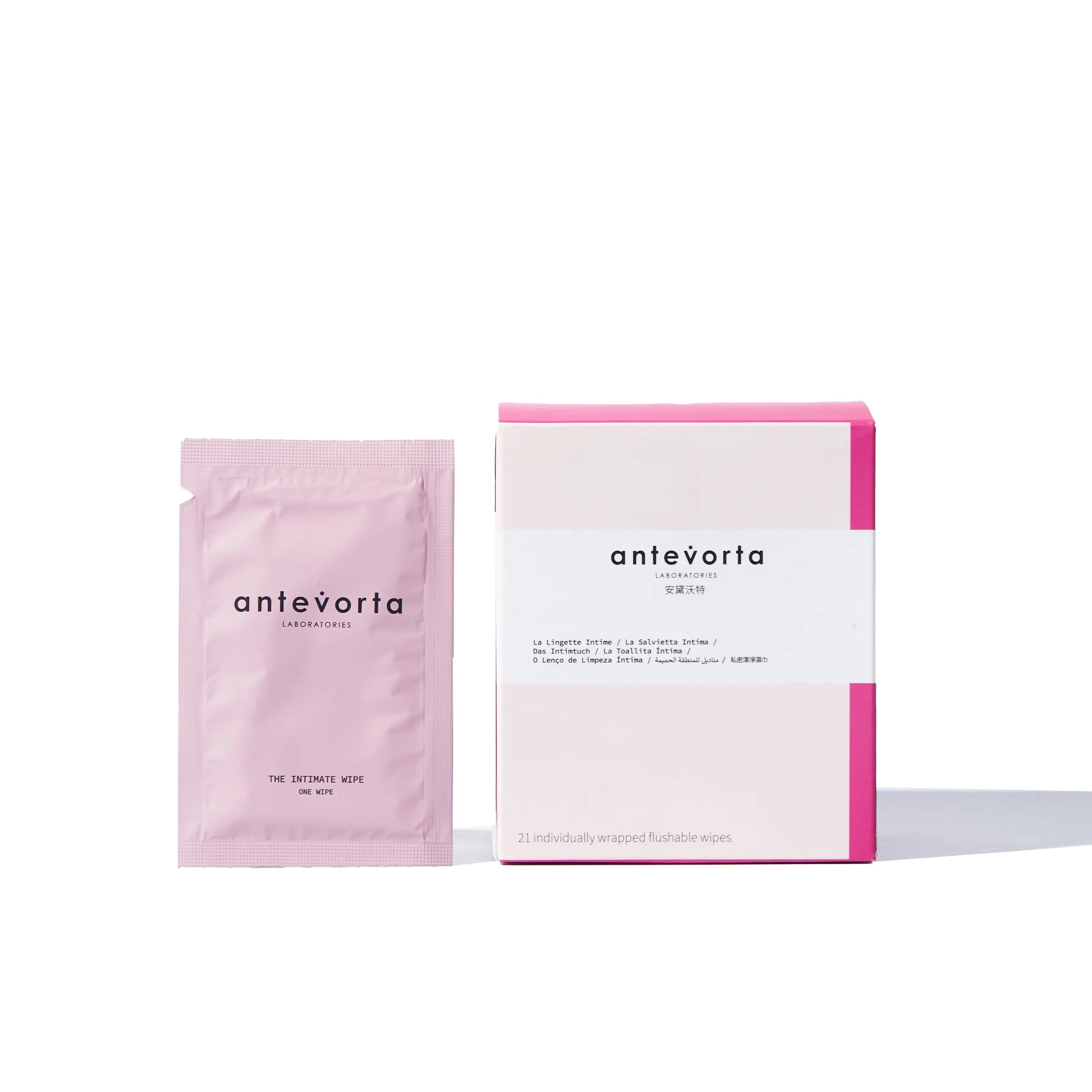 Pink antevorta facial mask package on a white background