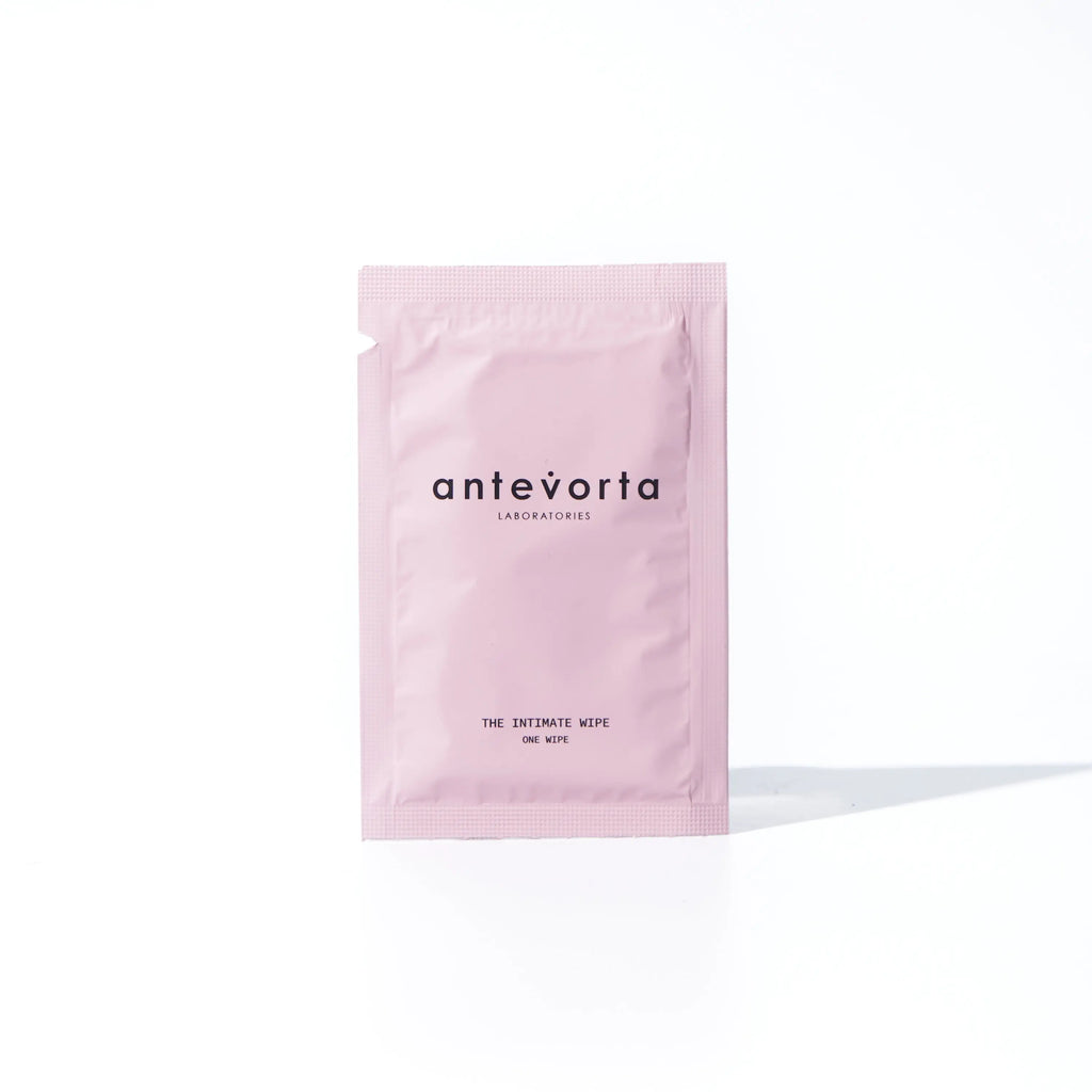 Pink package of antevorta intimate wipes on a white background