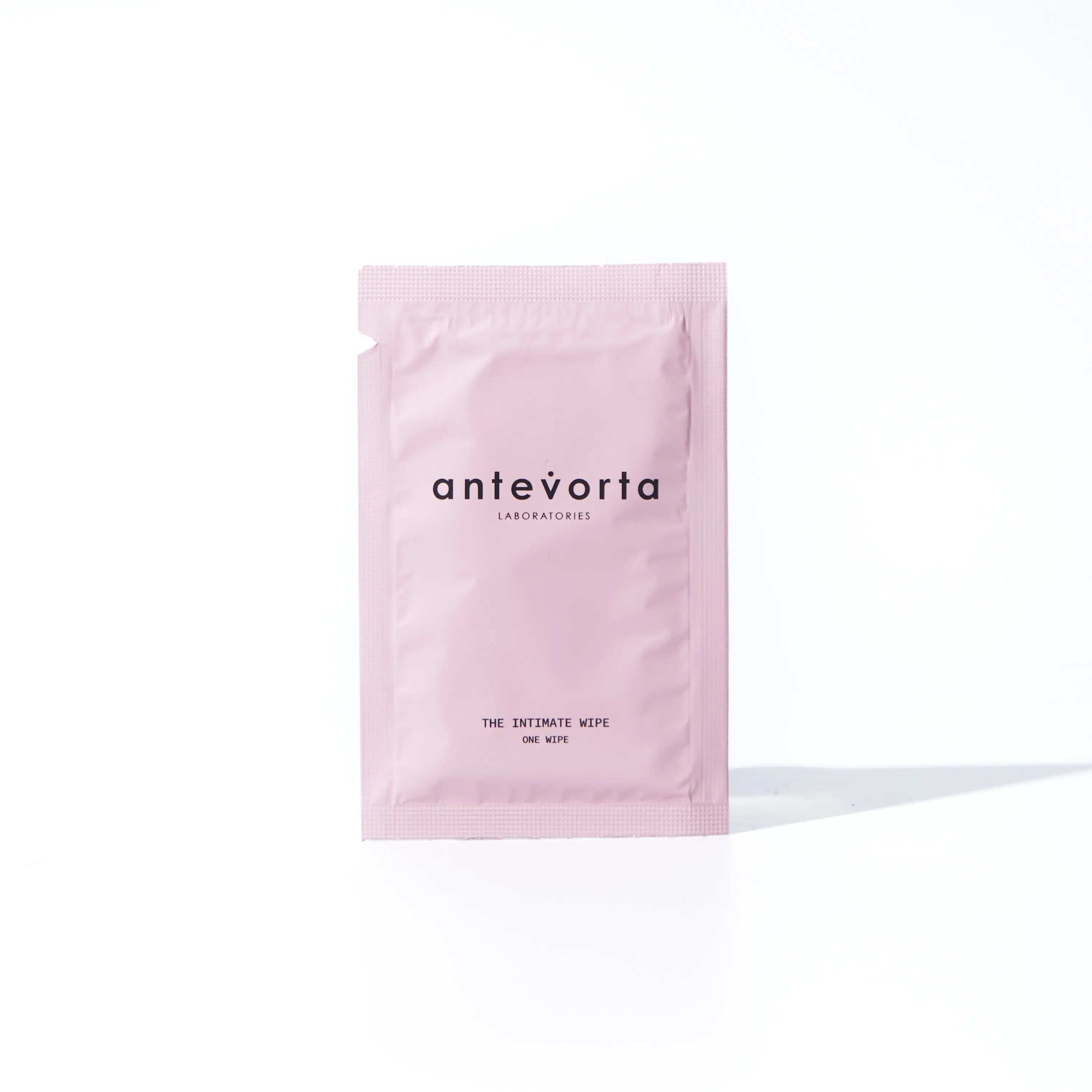 Pink package of antevorta intimate wipes on a white background