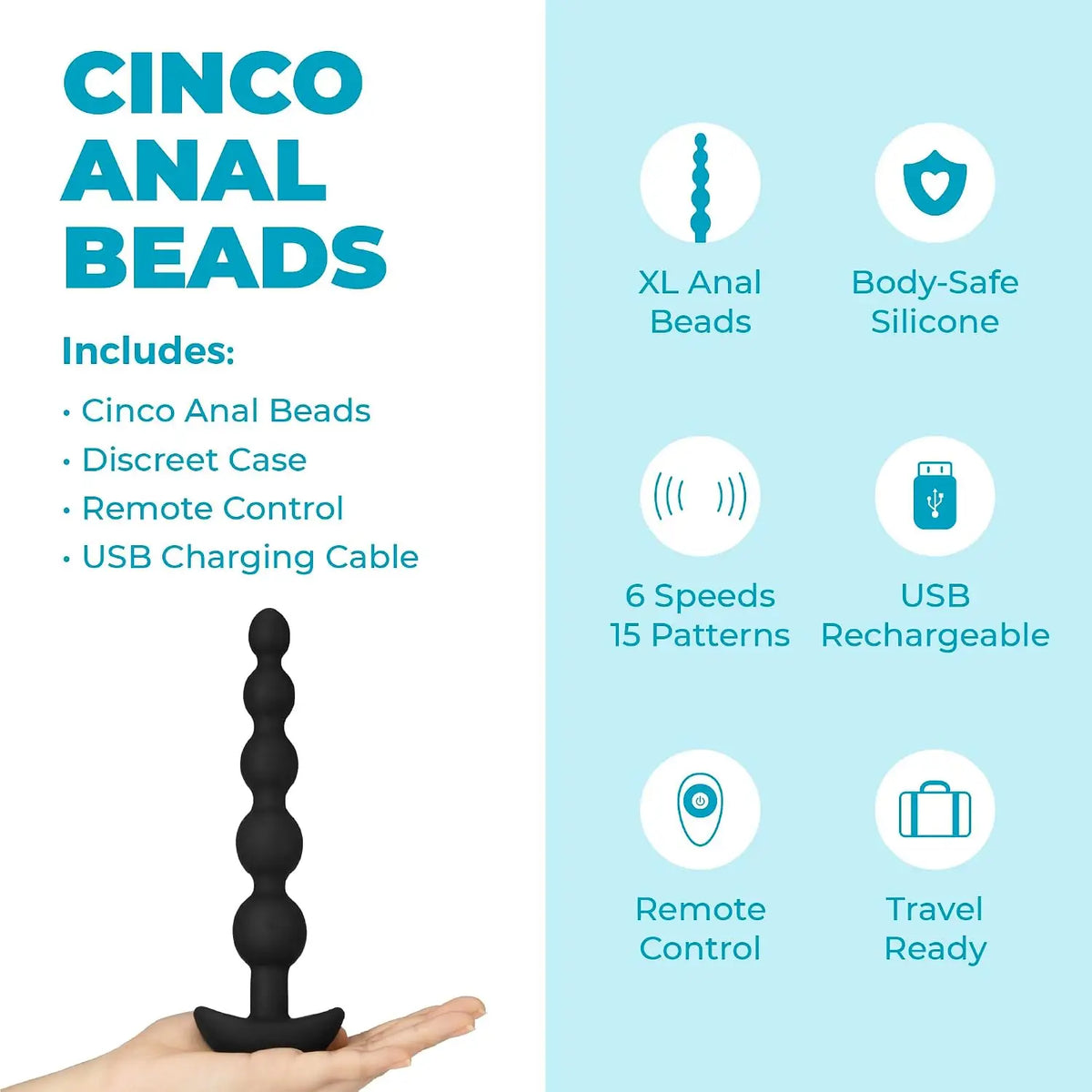 B-Vibe™ B-Vibe Cinco Remote Vibrating Anal Beads - 5 with 3 Motors & Wireless Control Black