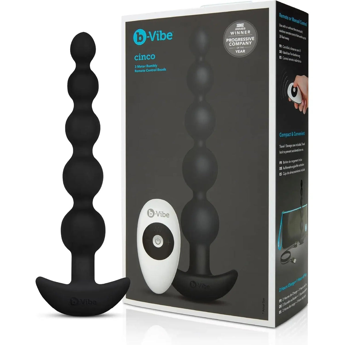 B-Vibe™ B-Vibe Cinco Remote Vibrating Anal Beads - 5 with 3 Motors & Wireless Control Black