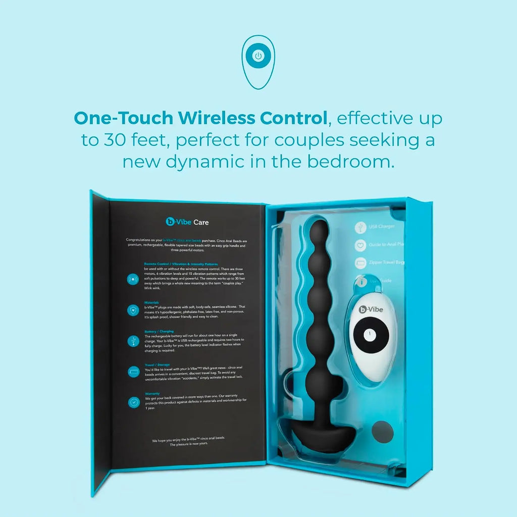 B-Vibe™ B-Vibe Cinco Remote Vibrating Anal Beads - 5 with 3 Motors & Wireless Control Black