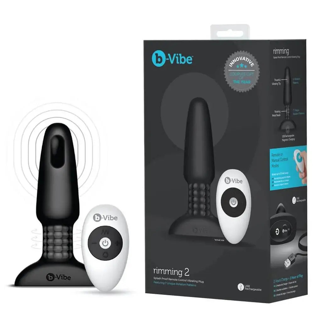 B-Vibe™ B-Vibe Rimming Plug 2 - Rotating Beads & Vibration Remote Control Medium Black