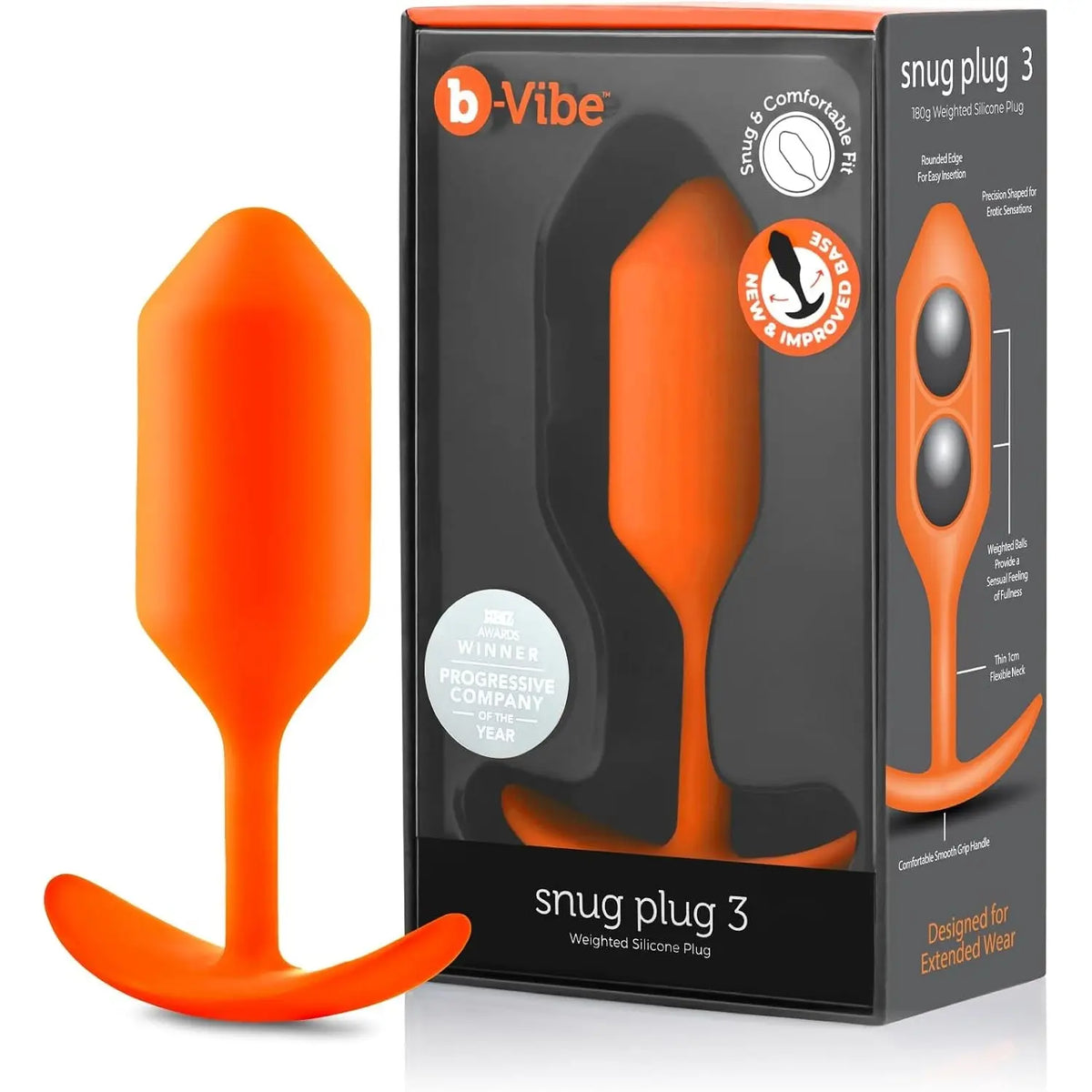 B-Vibe™ B-Vibe Snug Plug 3 (Large) - Weighted Extended-Wear Butt for Fullness Orange