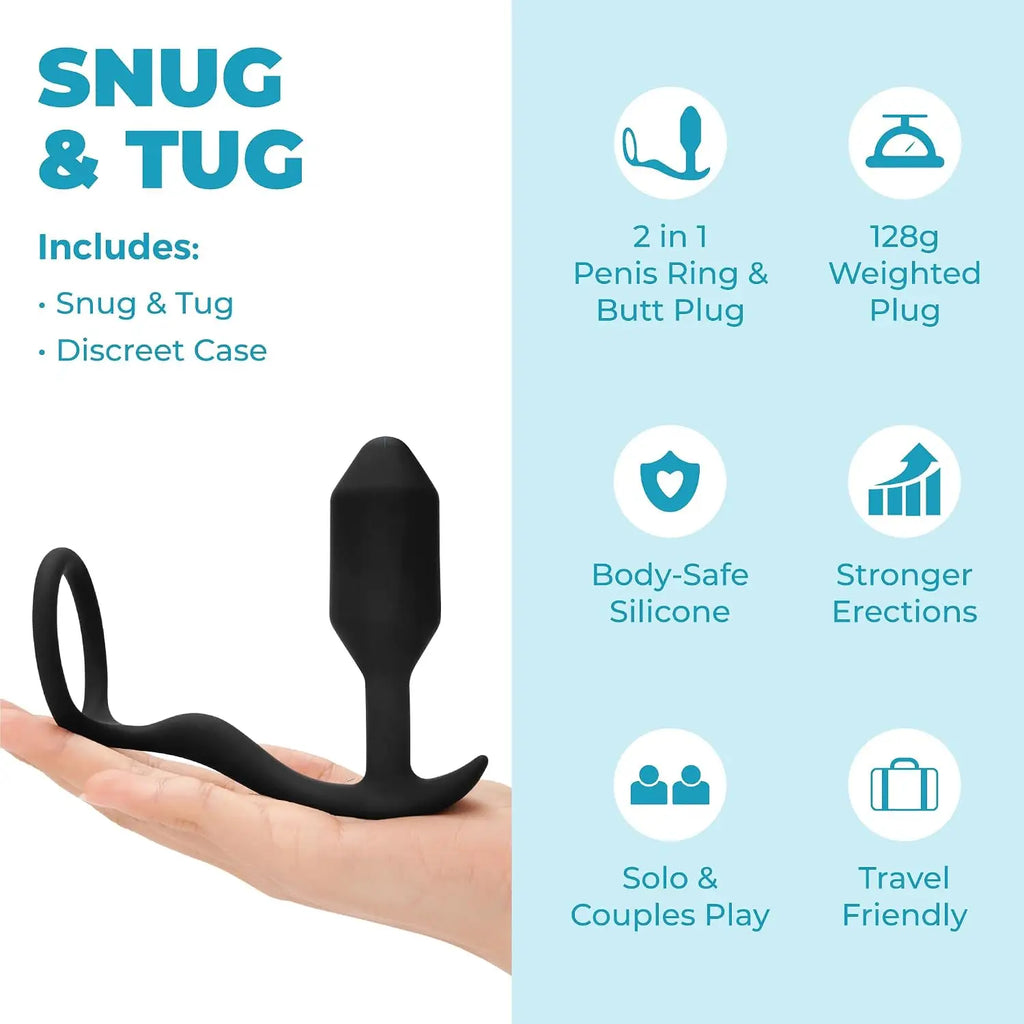 B-Vibe™ B-Vibe Snug & Tug - Weighted Plug C-Ring Combo for Extended Wear Black