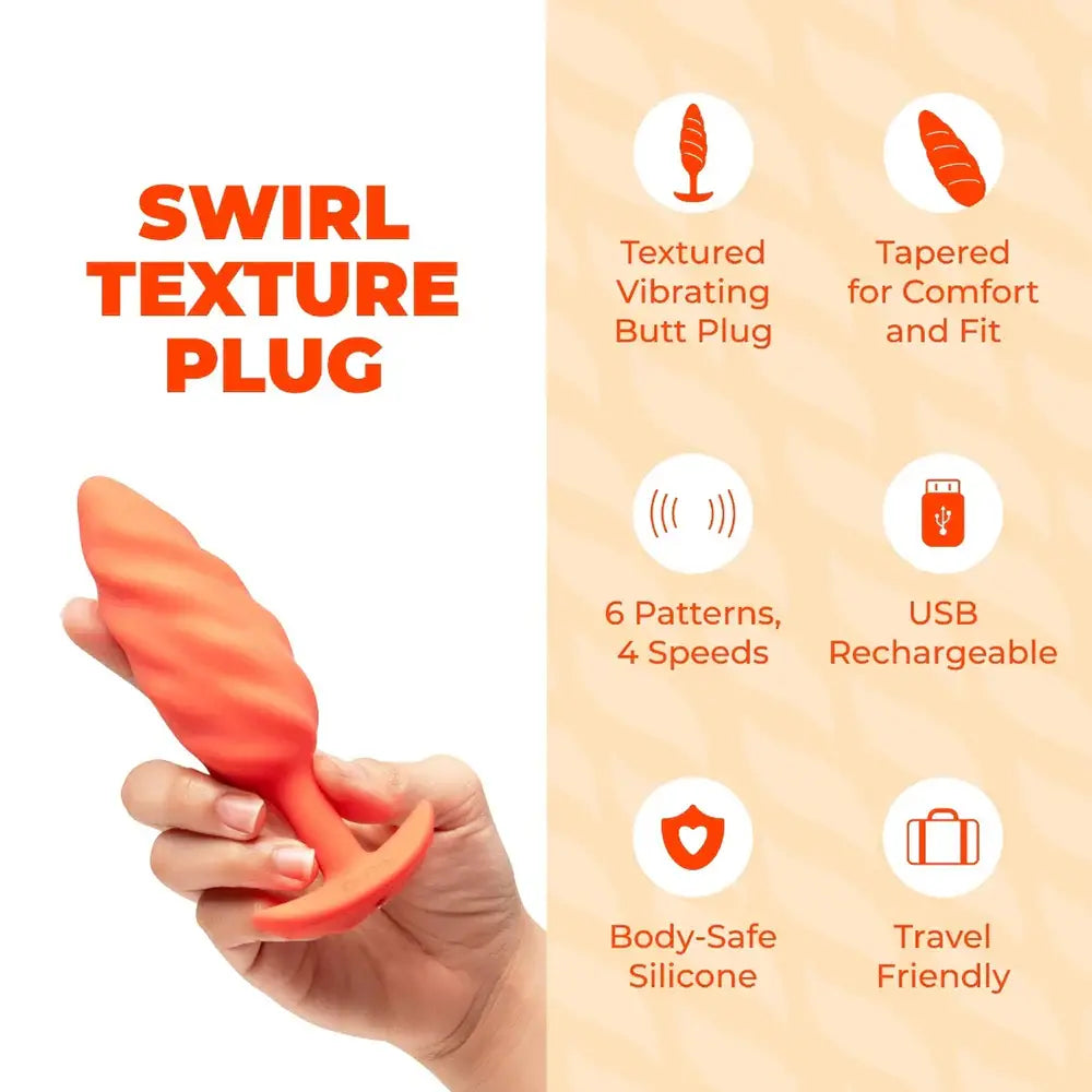 B-Vibe™ b-Vibe Swirl Texture Plug, Medium Vibrating Silicone Butt Orange