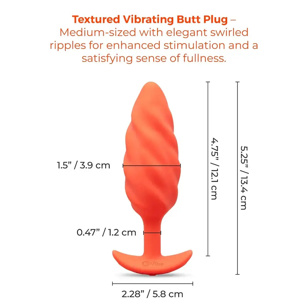 B-Vibe™ b-Vibe Swirl Texture Plug, Medium Vibrating Silicone Butt Orange
