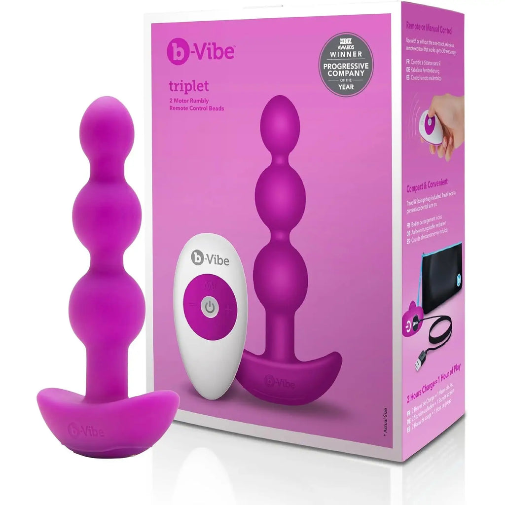 B-Vibe™ B-Vibe Triplet Remote Vibrating Anal Beads - 3 with 2 Motors & Wireless Control Fuchsia