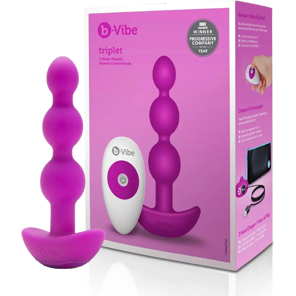 B-Vibe™ B-Vibe Triplet Remote Vibrating Anal Beads - 3 with 2 Motors & Wireless Control Fuchsia