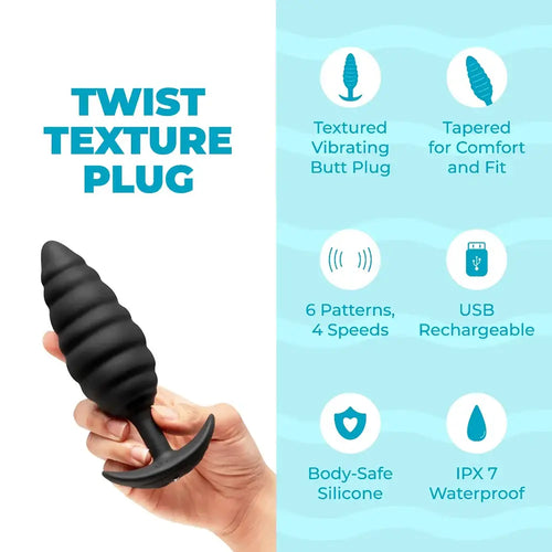 B-Vibe™ b-Vibe Twist Texture Large Vibrating Butt Plug, Body-Safe Silicone Black