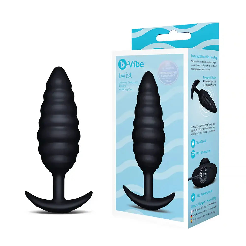 B-Vibe™ b-Vibe Twist Texture Large Vibrating Butt Plug, Body-Safe Silicone Black