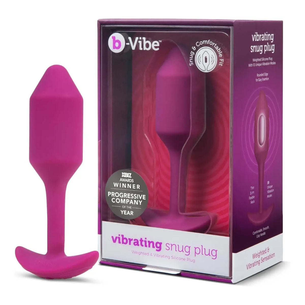 B-Vibe™ B-Vibe Vibrating Snug Plug 2 (Medium) - Weighted Rechargeable Extended-Wear Magenta
