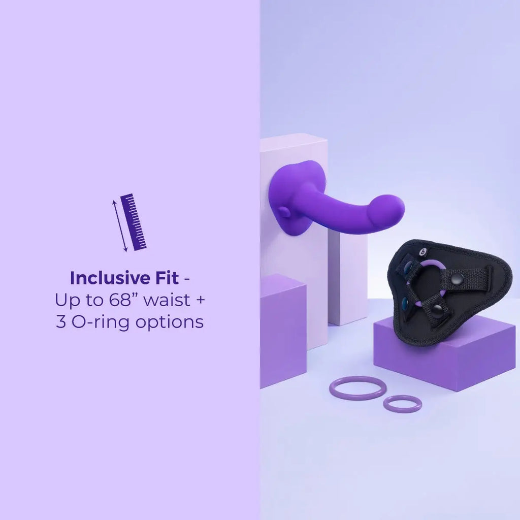 B-Vibe™ Vibrating Curved Strap-On Kit | 6.5’’ Silicone Dildo & Harness Purple