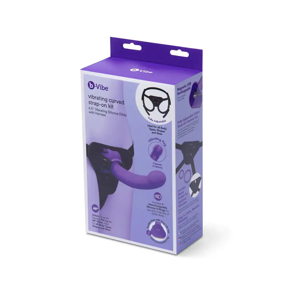 B-Vibe™ Vibrating Curved Strap-On Kit | 6.5’’ Silicone Dildo & Harness Purple