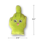 Green plush toy shaped like a hand with googly eyes and a tongue, with dimensions indicated.