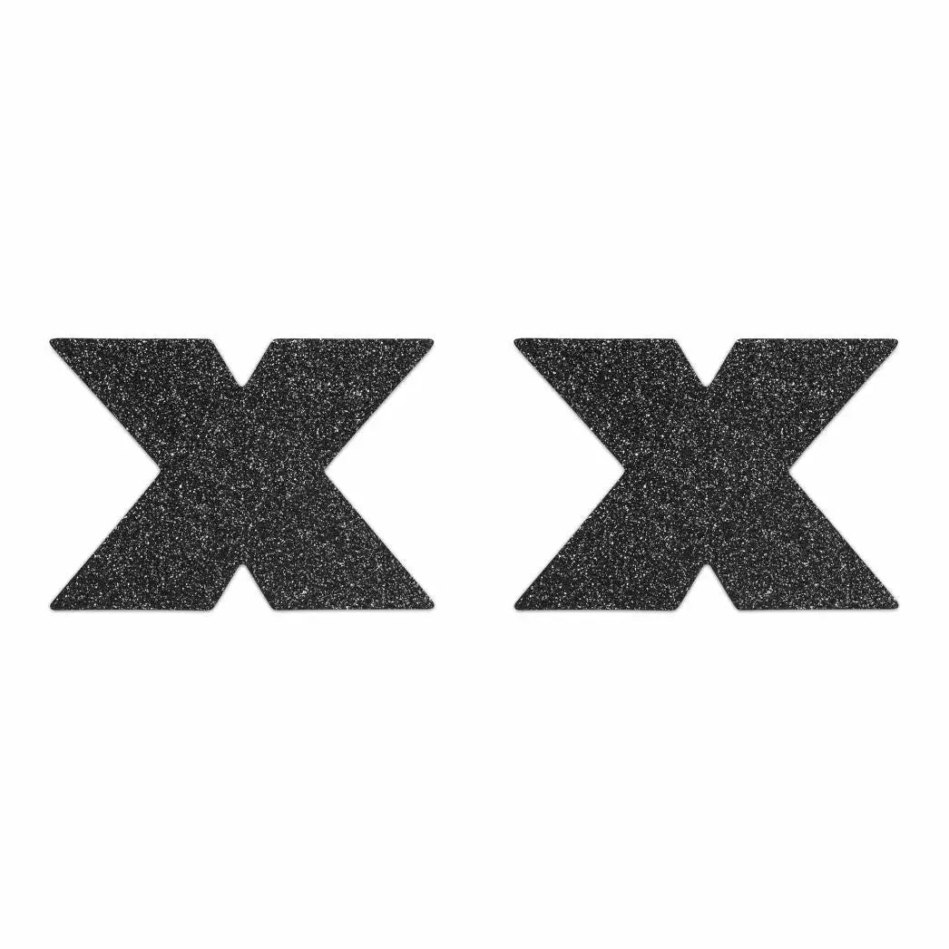 Bijoux Indiscrets Flash Black Cross Pasties - Reusable Glitter Nipple Covers