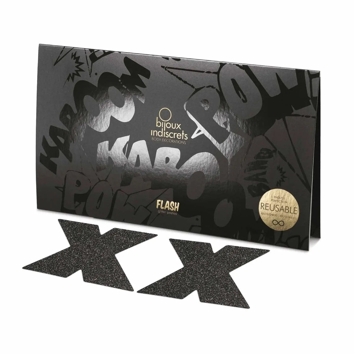 Bijoux Indiscrets Flash Black Cross Pasties - Reusable Glitter Nipple Covers