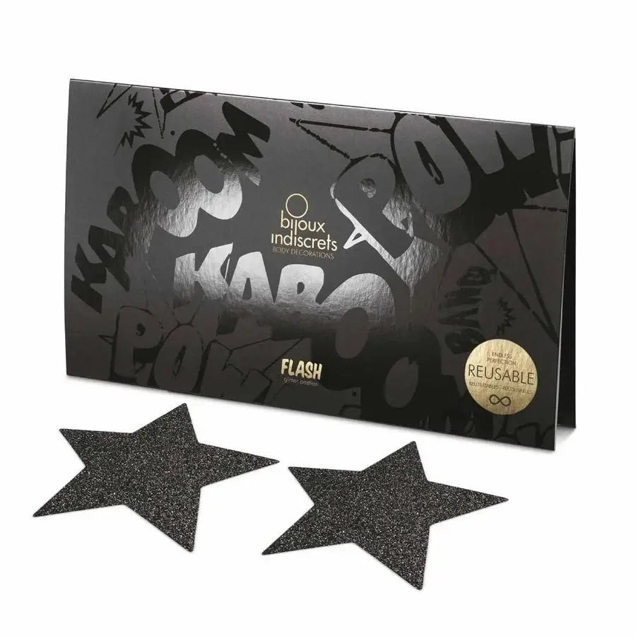 Bijoux Indiscrets Flash Black Star Pasties - Reusable Glitter Nipple Covers