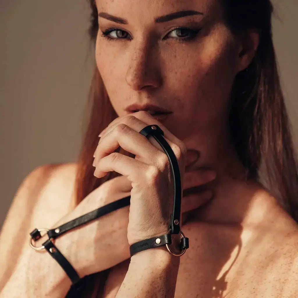 Bijoux Indiscrets Maze Hand Bracelet - Vegan Leather Finger-to-Wrist Harness Black