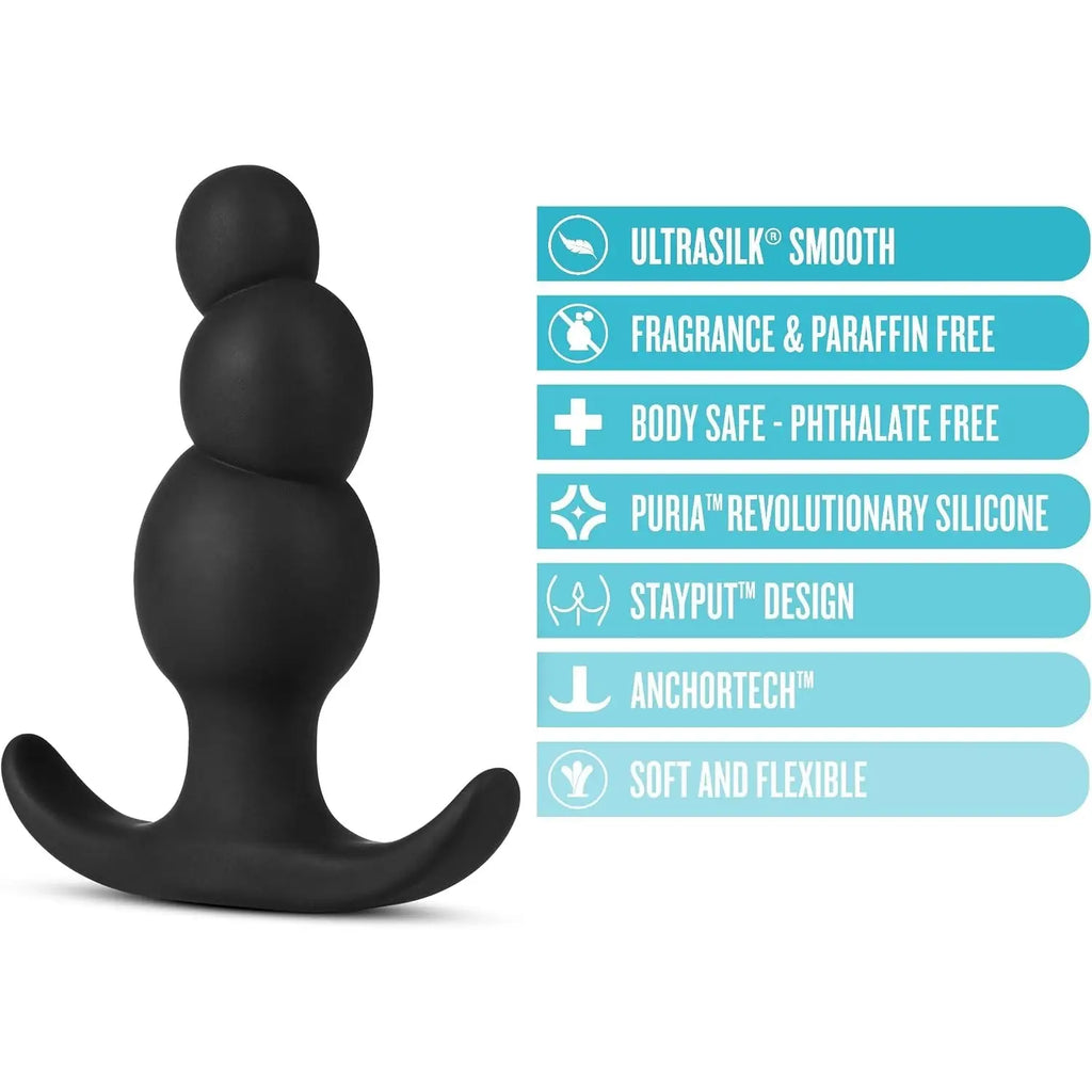 Blush Novelties® Anal Adventures Platinum Stacked Butt Plug - 3 Tapered Beads | Curved Design Black