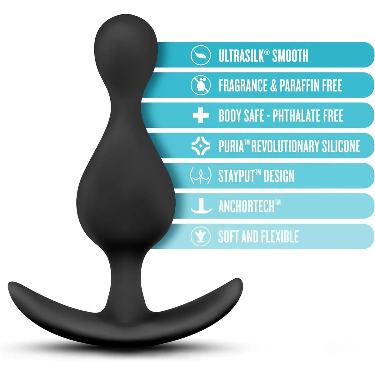 Blush Novelties® Anal Adventures Platinum Wave Butt Plug - Flexible Shaft | Tapered Tip | Anchor Base Black