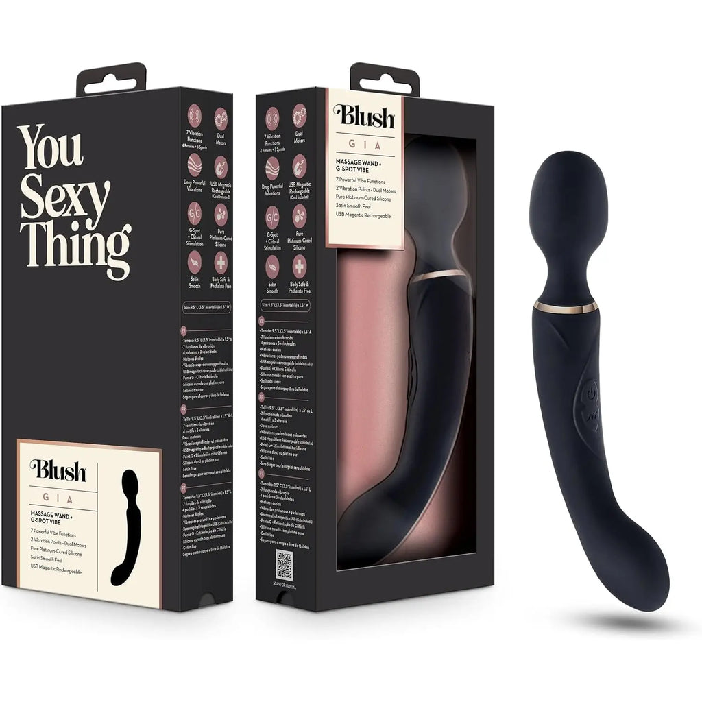 Blush Novelties® Lush Gia Dual-Ended Wand Vibrator - 7 Modes Each End | Massage & G-Spot Black