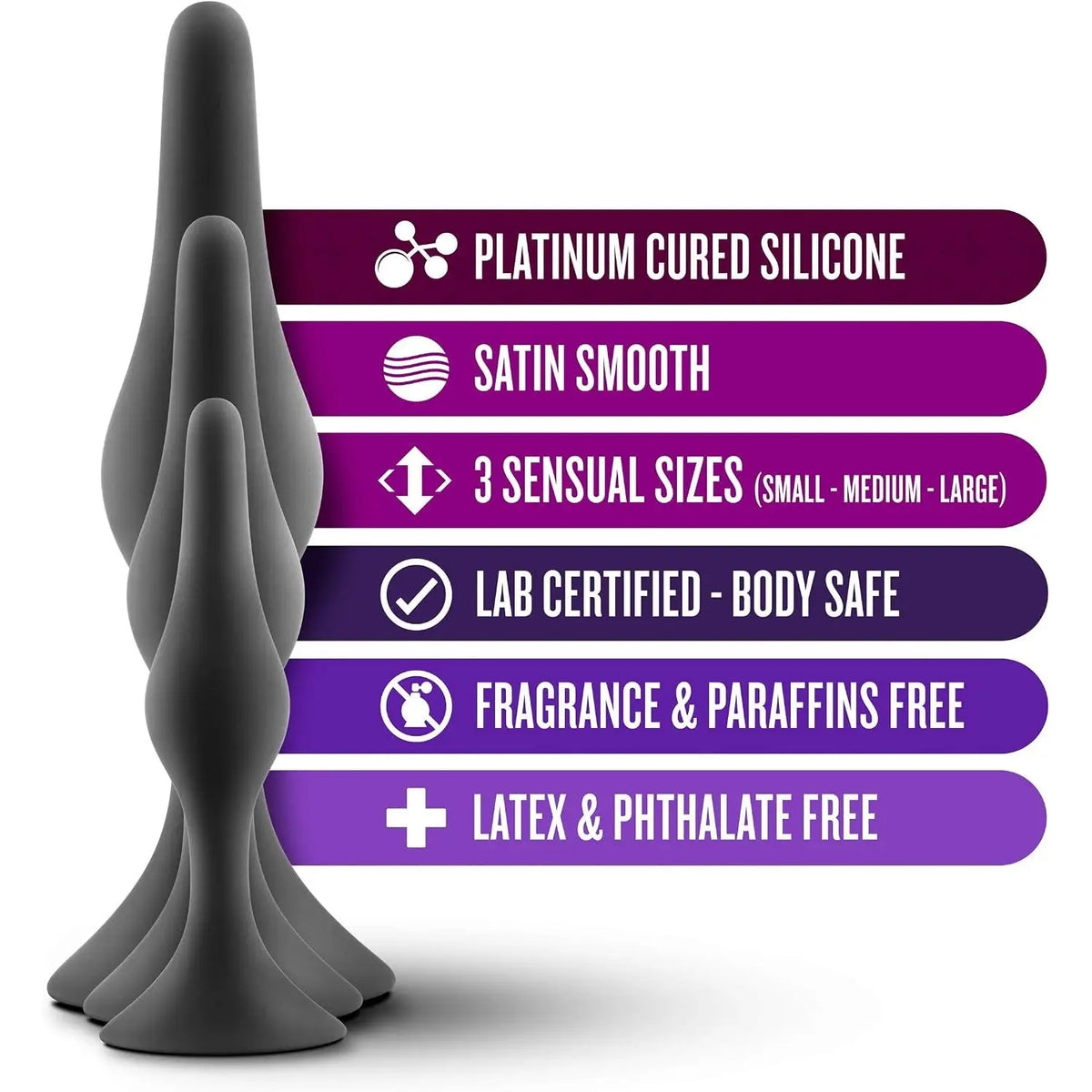 Blush Novelties® Luxe Beginner 3-Piece Graduated Silicone Anal Plug Set