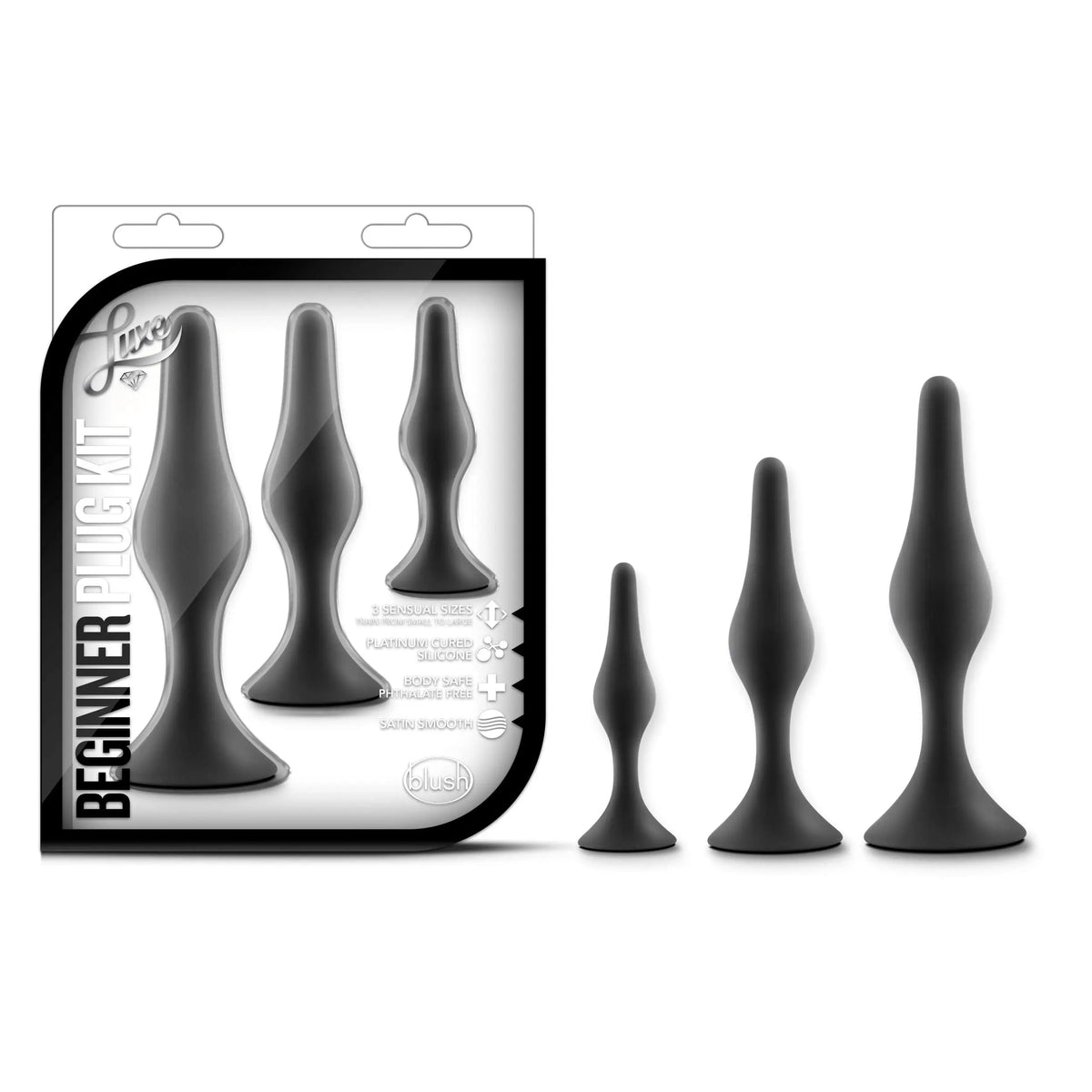 Blush Novelties® Luxe Beginner 3-Piece Graduated Silicone Anal Plug Set Black