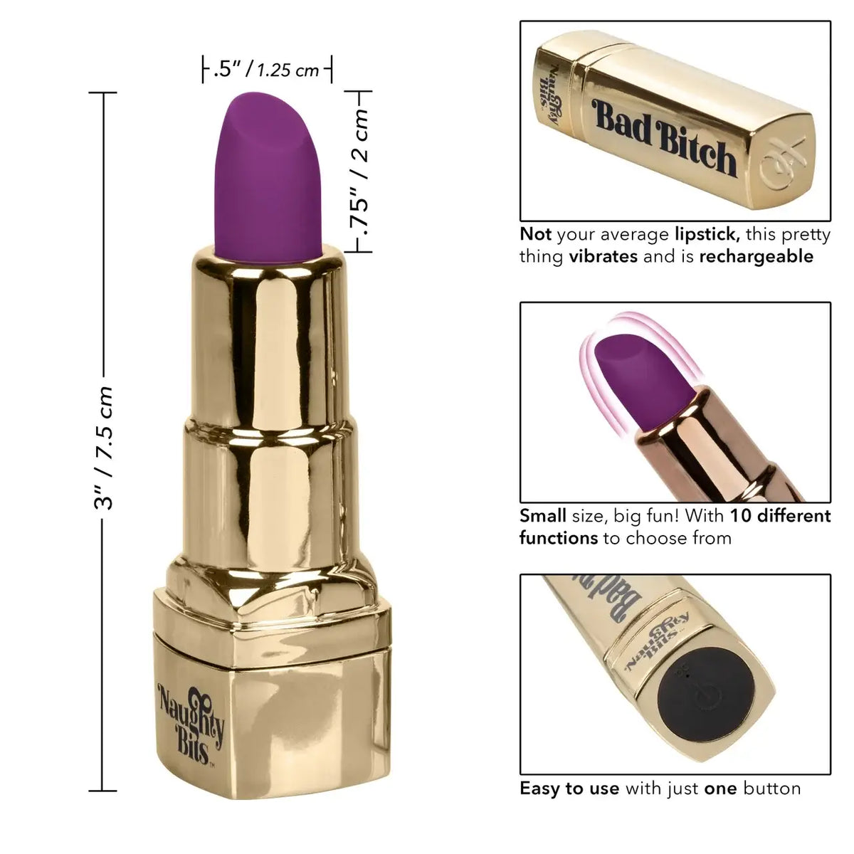 CalExotics® CalExotics Naughty Bits Bad Bitch Lipstick Vibrator - Discreet 10 Speed Rechargeable Gold