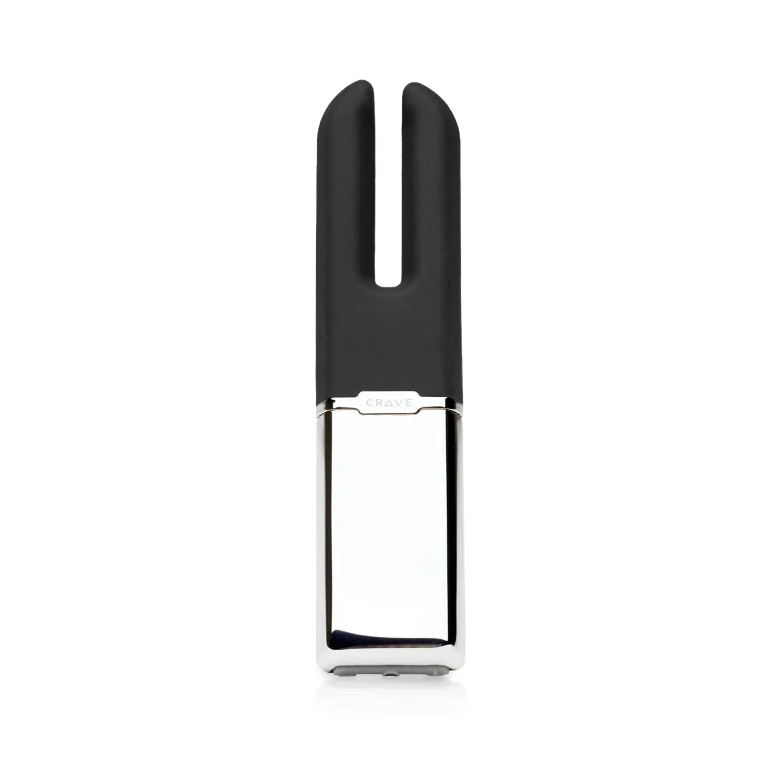 A sleek, modern personal care device with a matte black silicone top and a polished silver metallic body, shown against a solid white background.